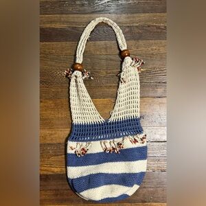 Saddle River Crochet Knit Hobo Bag BeigeWooden Bead Accents Boho Chic